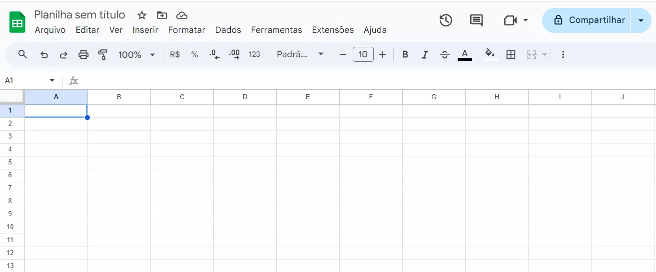 Captura de tela de planilha em branco no Google Sheets