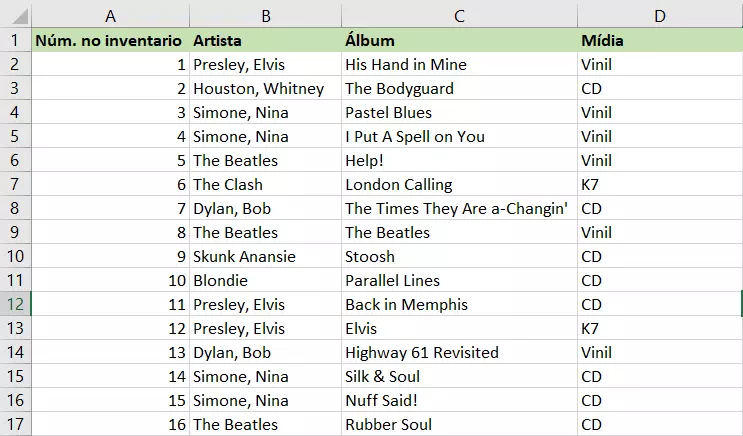 Planilha de várias colunas com inventário musical