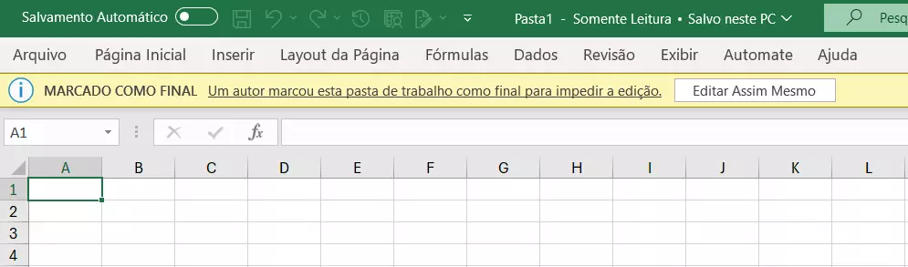 Barra de status destaca que o arquivo Excel está marcado como final