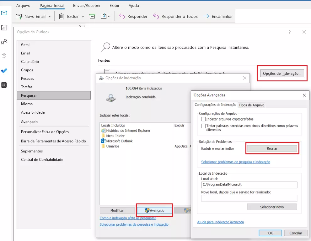 Recrie o índice do programa Outlook