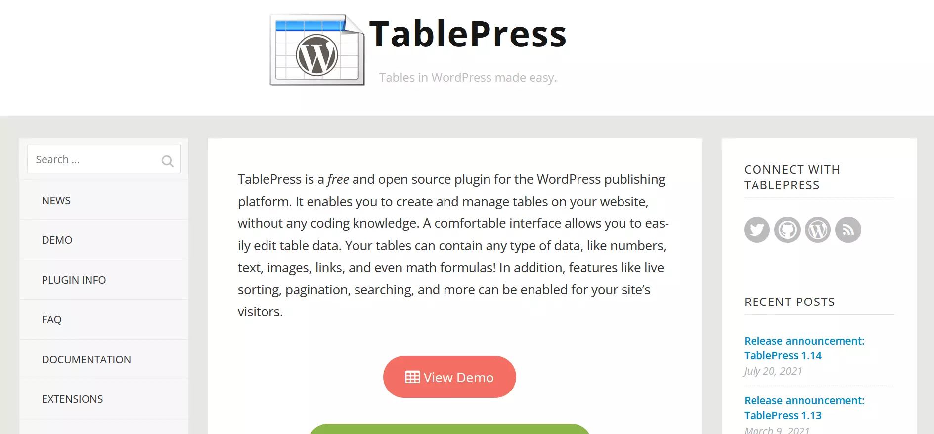 Site do plugin para WordPress TablePress