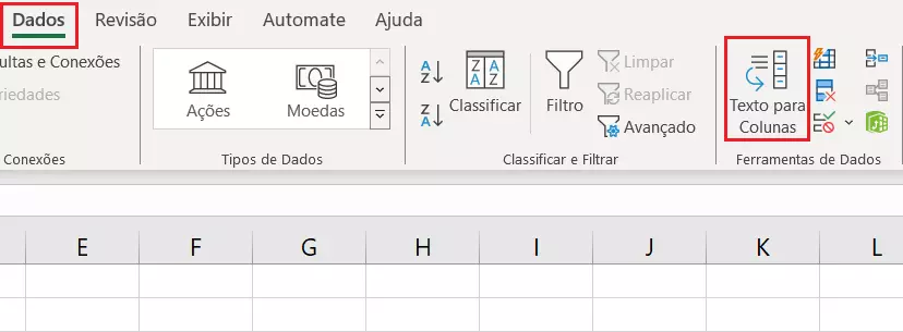 Recurso Texto para Colunas do Excel divide o conteúdo de uma célula em colunas