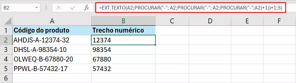 Combinação de funções do Excel EXT.TEXTO e PROCURAR