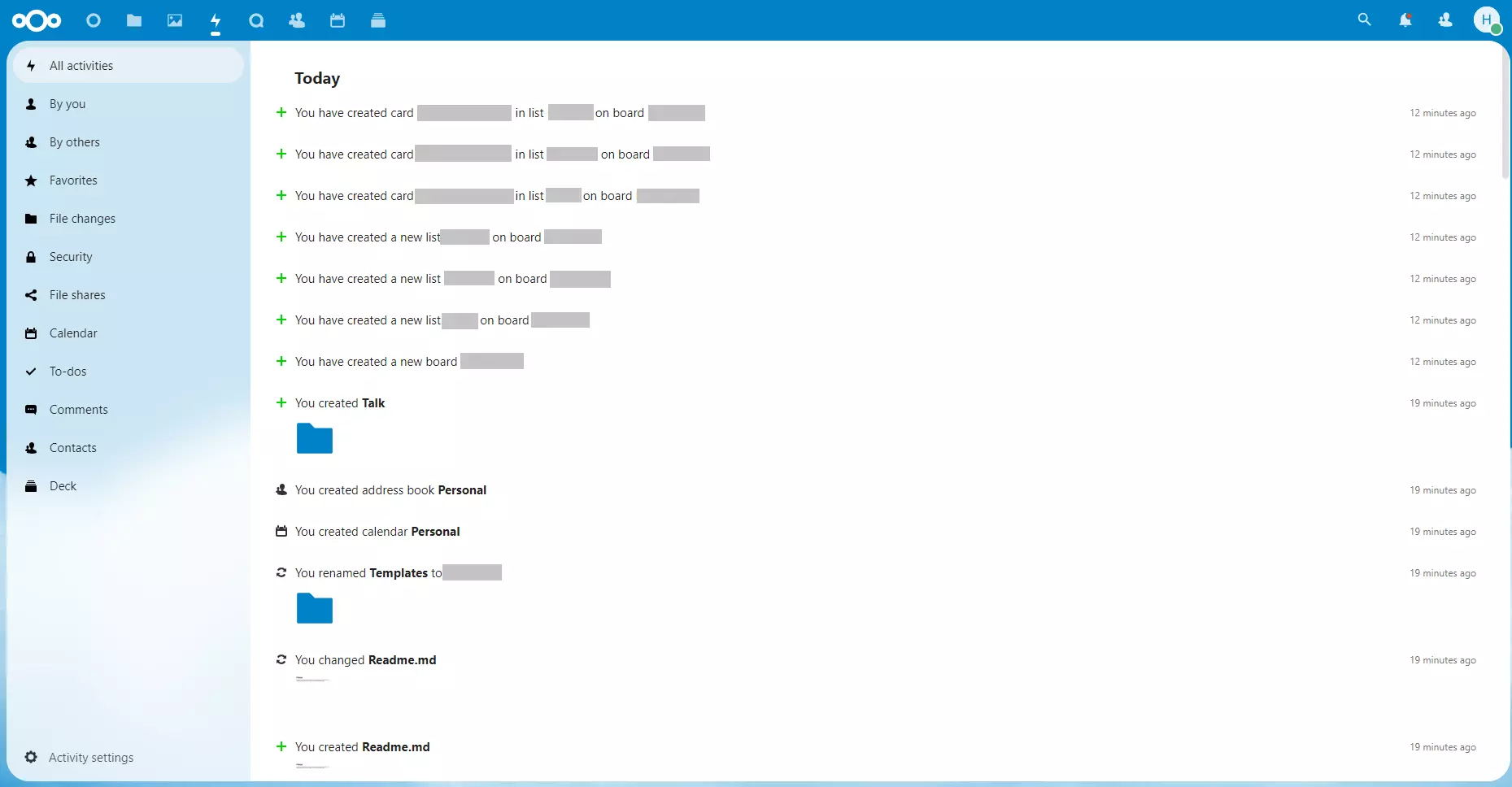 Recurso Activity na versão para navegador do Nextcloud Client