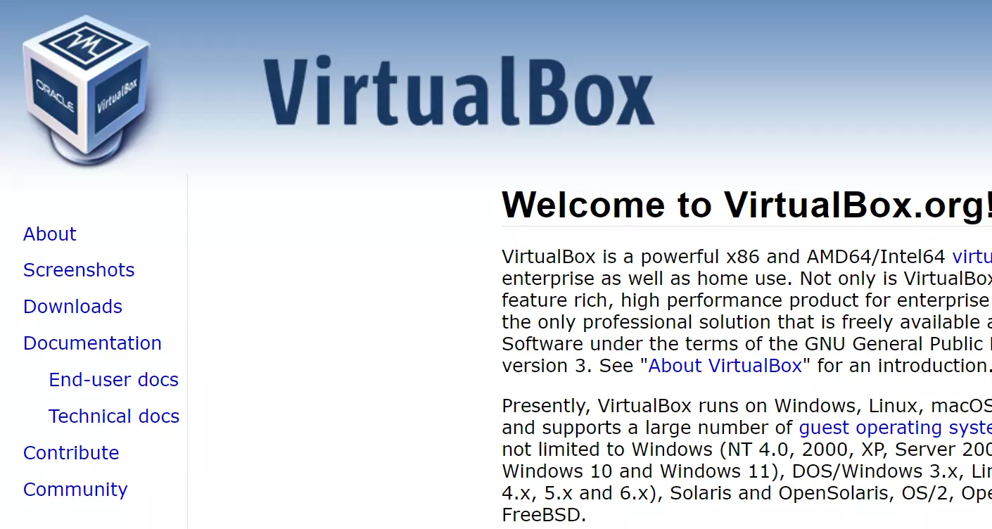 Captura de tela do site do hipervisor VirtualBox, alternativa de código aberto ao Xen