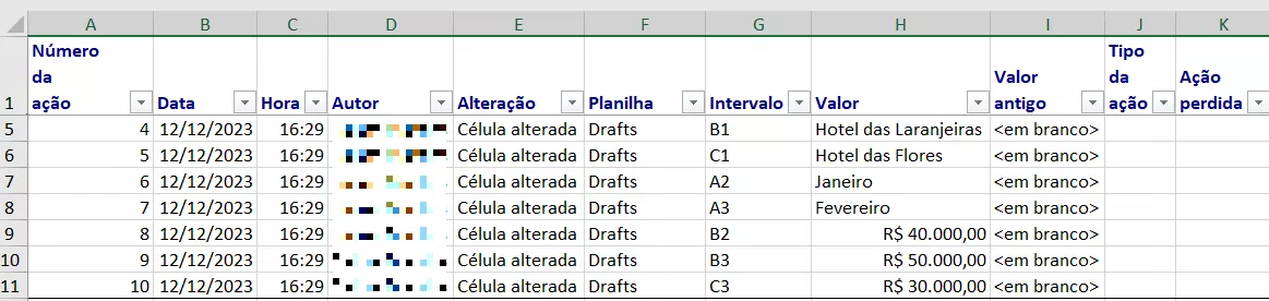 Como ver histórico de alterações do Excel em nova planilha