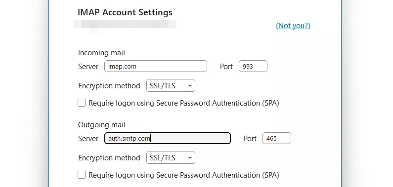 Configurações de conta IMAP no Outlook para desktop