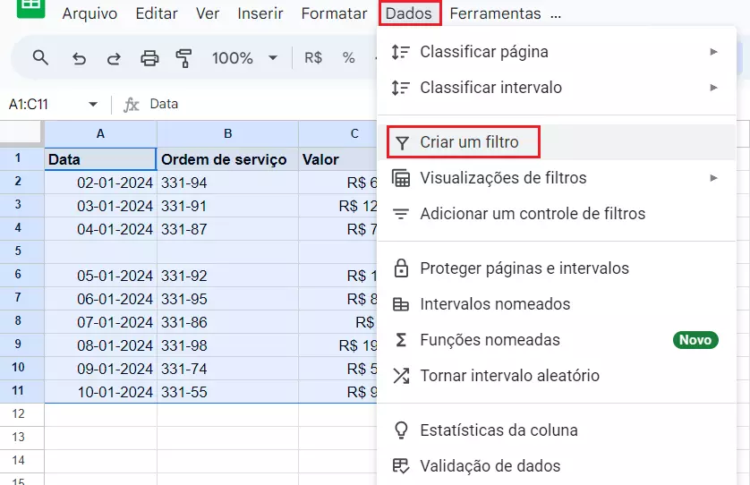 Passo a passo para criar um filtro no Google Sheets e ocultar linhas em branco