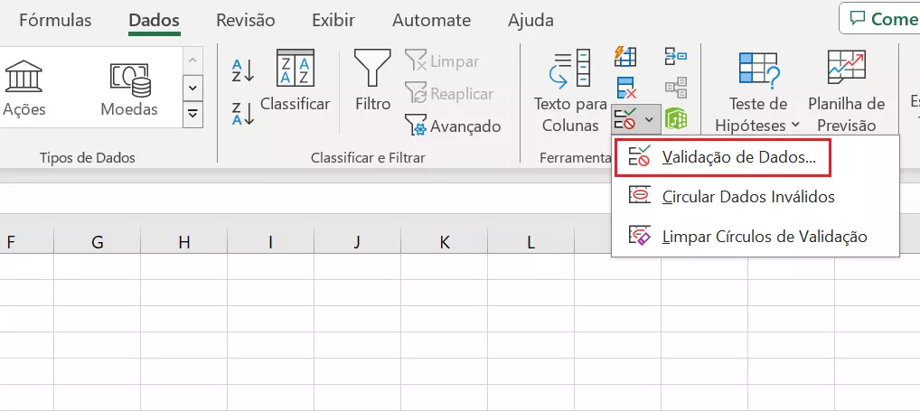 Como abrir janela de Validação de dados no Excel