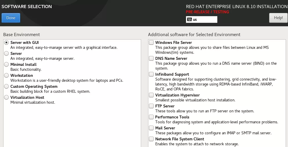 Captura de tela da seleção de softwares do RHEL 8