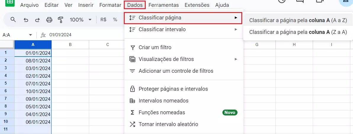 Planilha Google classifica datas por ordem crescente ou decrescente automaticamente