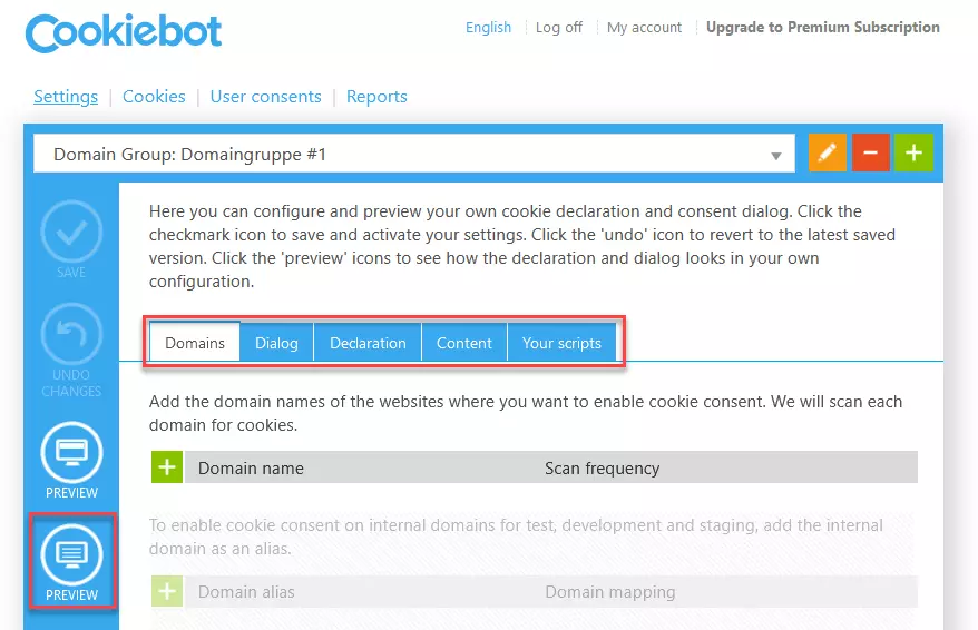 Configurações no site do WordPress cookie plugin Cookiebot