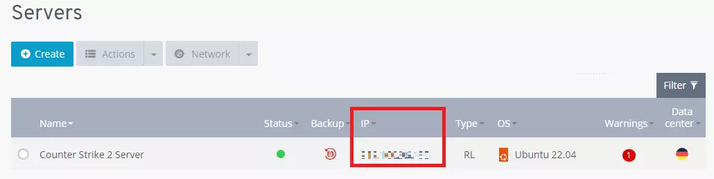 Endereço IP do servidor na conta de usuário