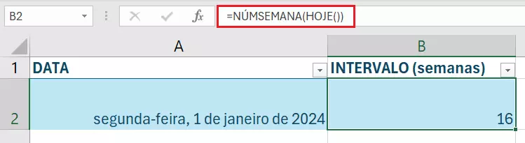 Função NUMSEMANA do Excel programada para exibir a contagem de semanas até a data atual