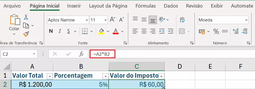 Descubra valores parciais executando um cálculo de porcentagem no Excel