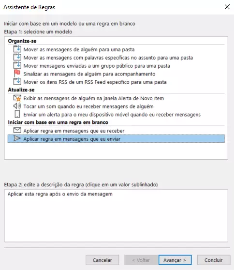 Use o Assistente de Regras para configurar o cancelamento de e-mails enviados pelo Outlook