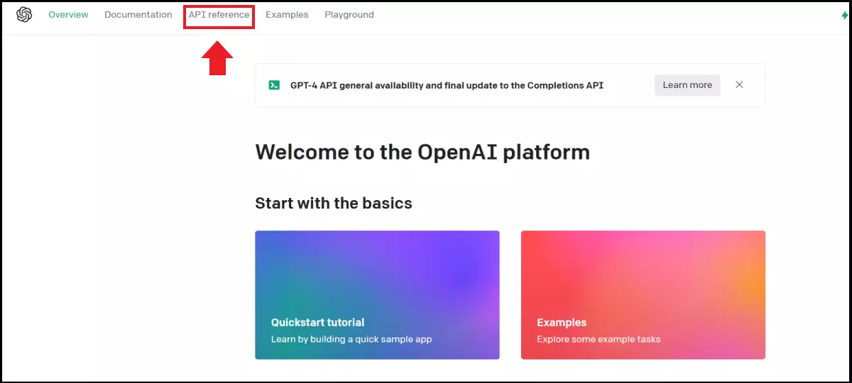 Seção API reference do menu superior da plataforma da OpenAI