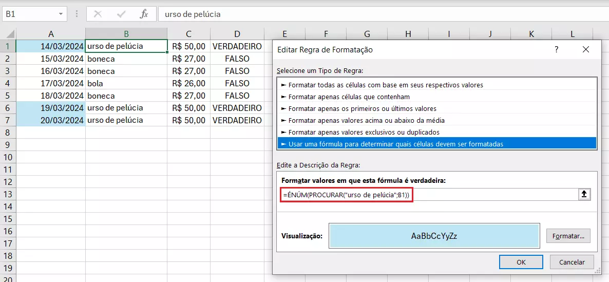 Funções ÉNUM e PROCURAR combinadas em planilha do Excel