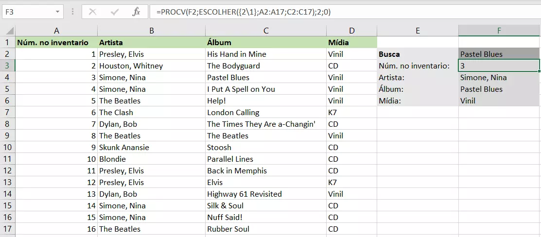 PROCV do Excel combinada à função ESCOLHER