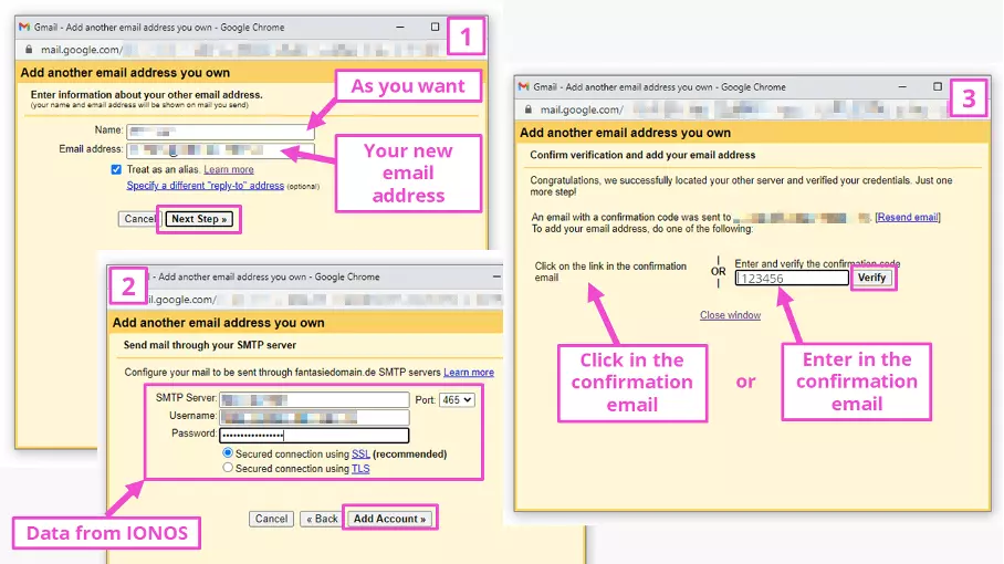 Captura de tela para adicionar seu novo endereço de e-mail ao Gmail