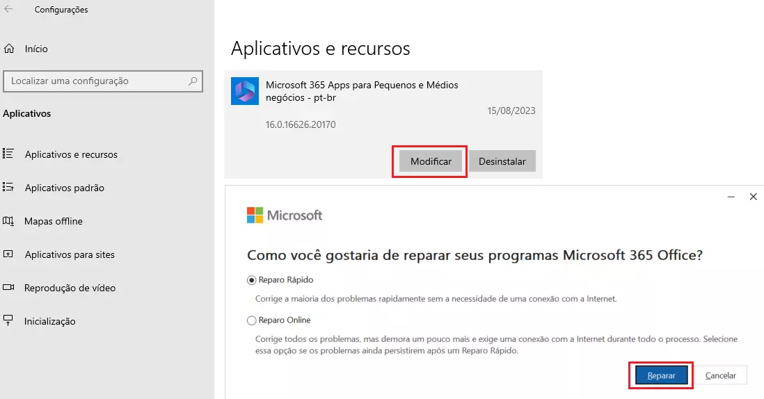 Configurações do Windows com opção de reparar o Outlook