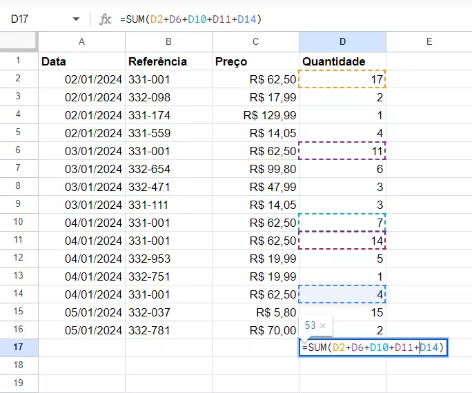 Captura de tela de uma fórmula do Google Planilhas com uma função integrada