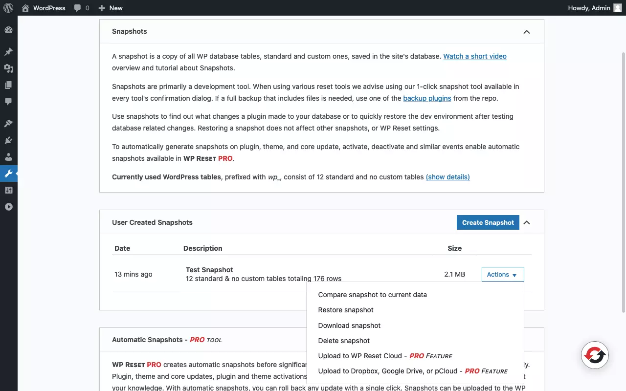 Captura de tela da página de snapshots do plugin WP Reset, com operações de snapshot