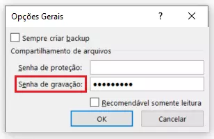 Senha de gravação em Opções Gerais