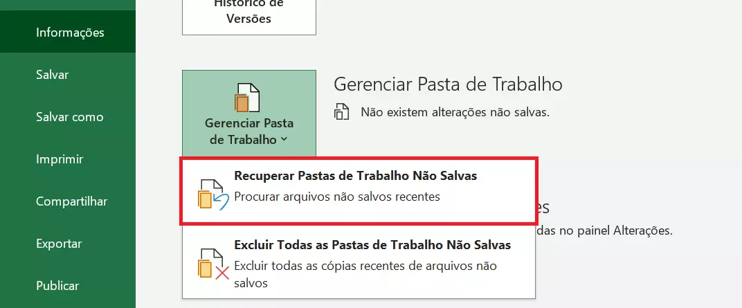 Opção Recuperar Pastas de Trabalho Não Salvas no Excel