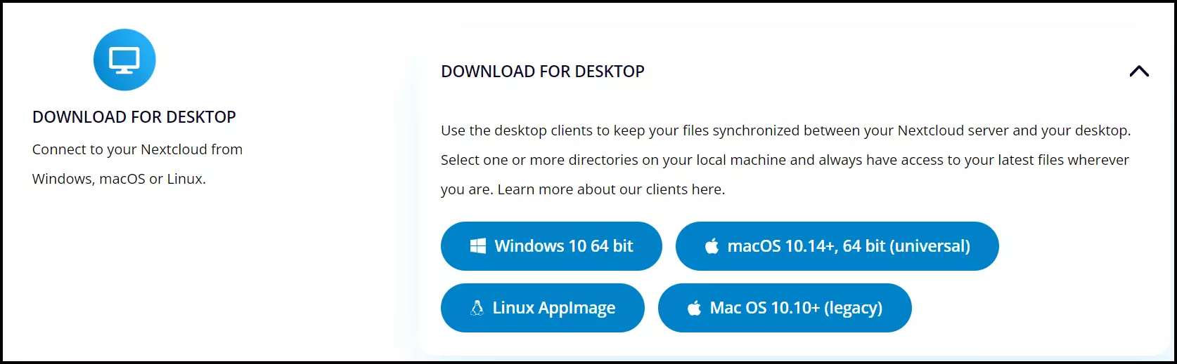 Links para baixar o Nextcloud para desktop no site do Nextcloud