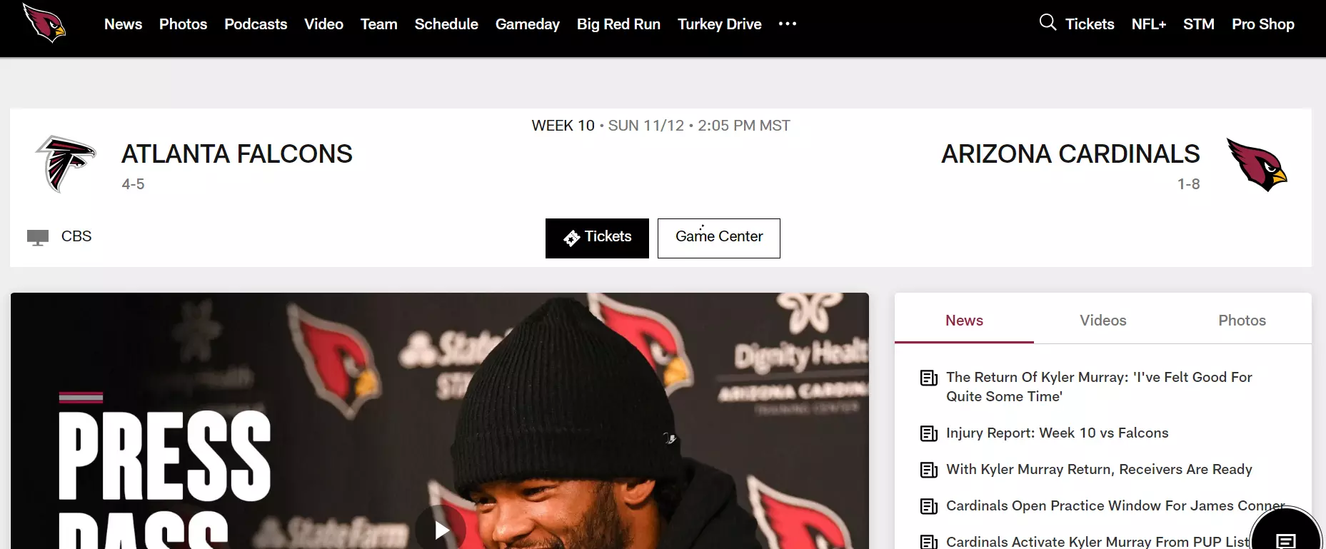 Captura de tela do site do time de futebol americano Arizona Cardinals