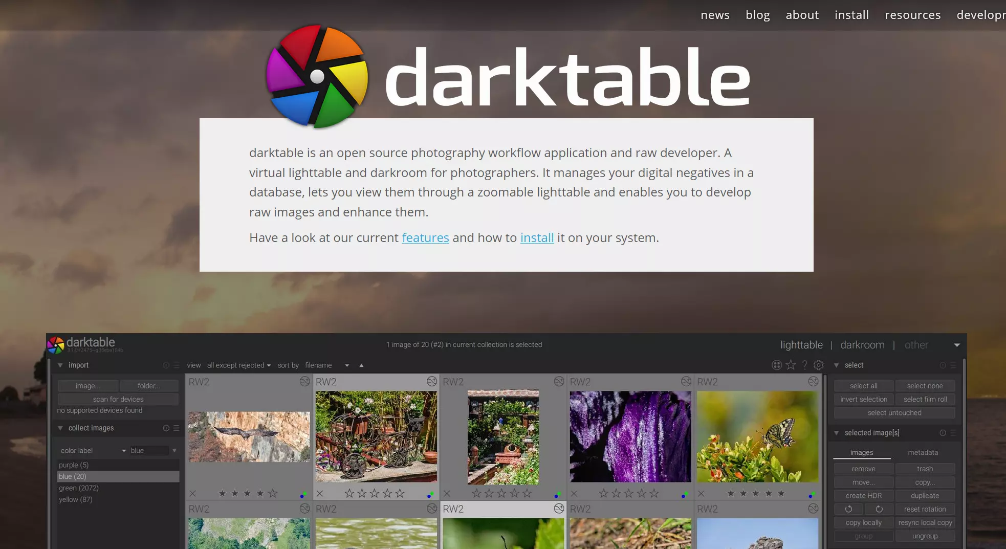 Captura de tela do site do darktable