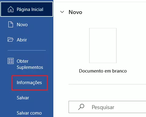 Item Informações da aba de menu Arquivo, no Microsoft Word