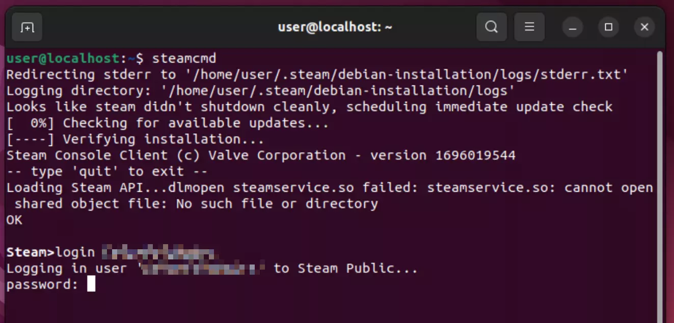 Login no SteamCMD