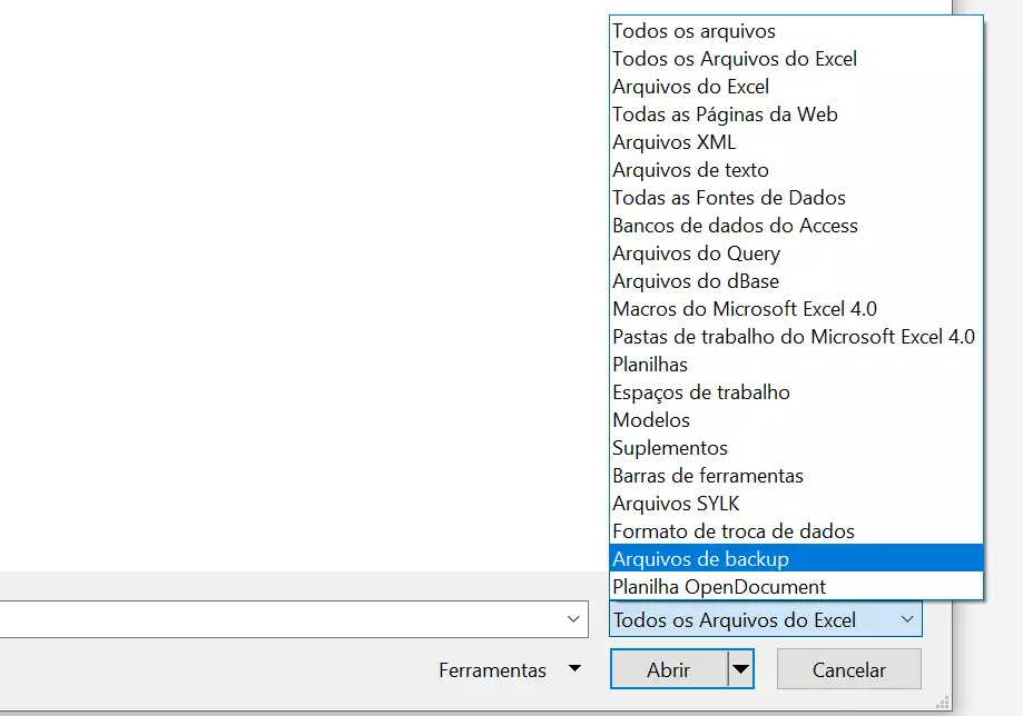 Abrir arquivo de backup no Excel