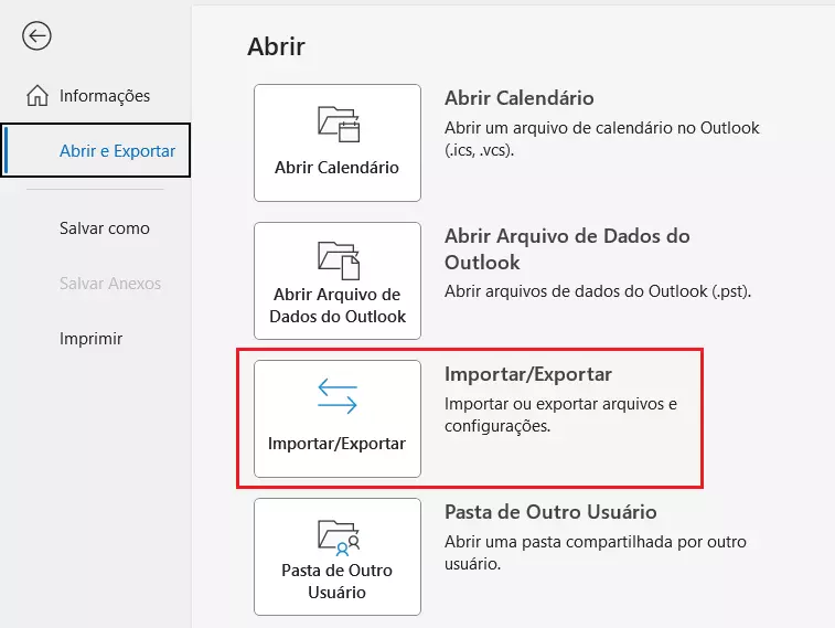 Opções no menu Abrir e Exportar no Microsoft Outlook