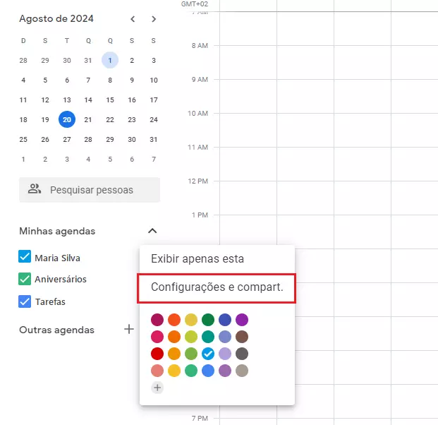 Google Agenda: Menu Configurações e compart.