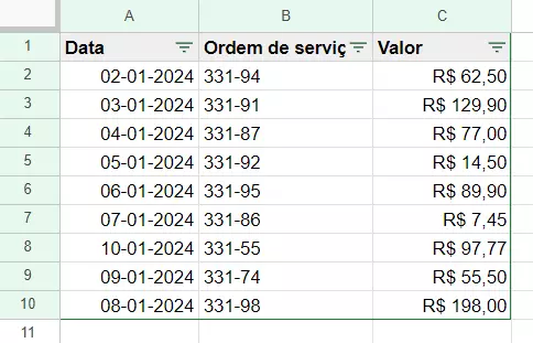 Planilha do Google Sheets com linhas em branco