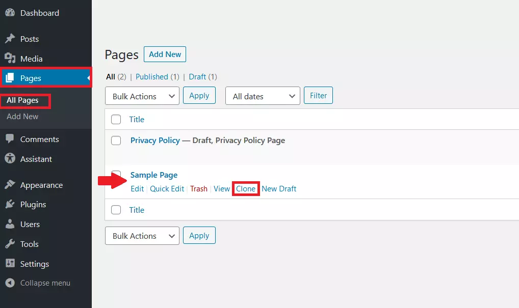 WordPress back-end: “Pages” > “All Pages” duplicar página selecionada