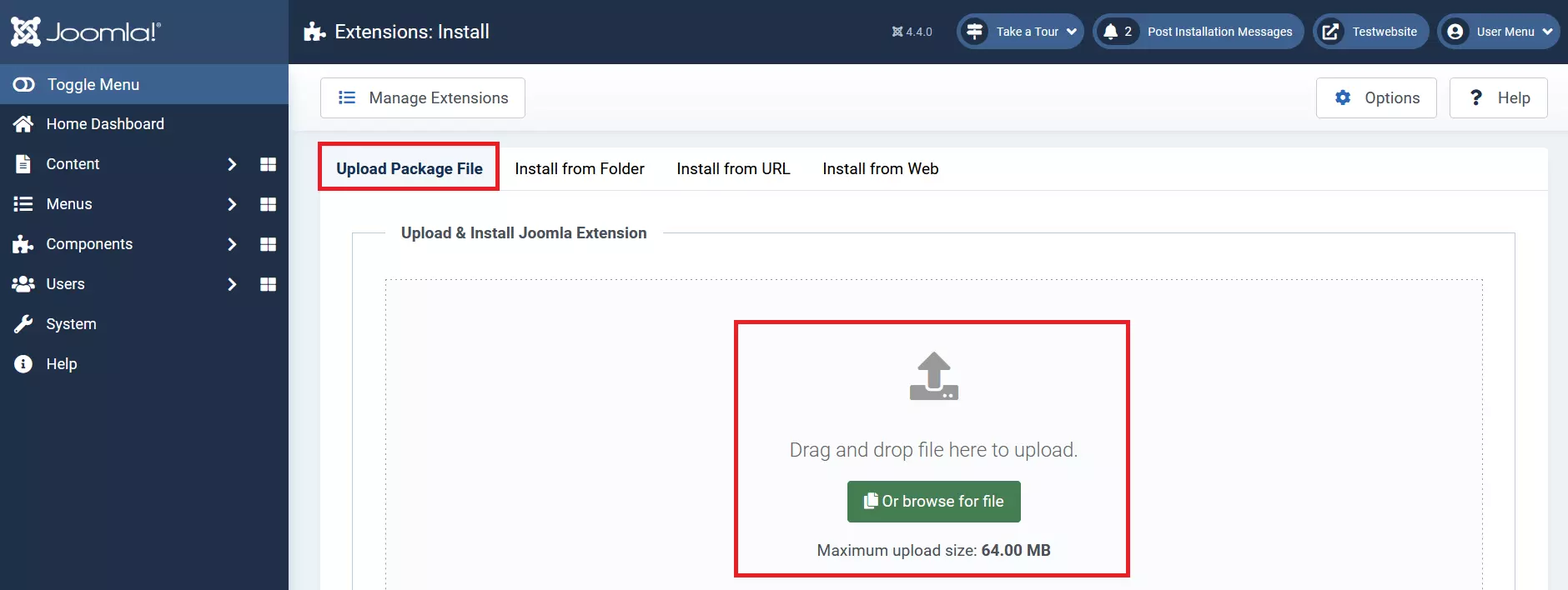 Opção de fazer upload de template por arquivo compactado no Joomla