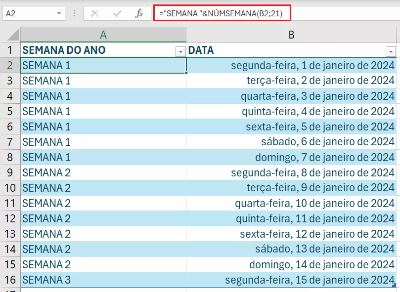 Fórmula NUMSEMANA do Excel combinada a informação de texto