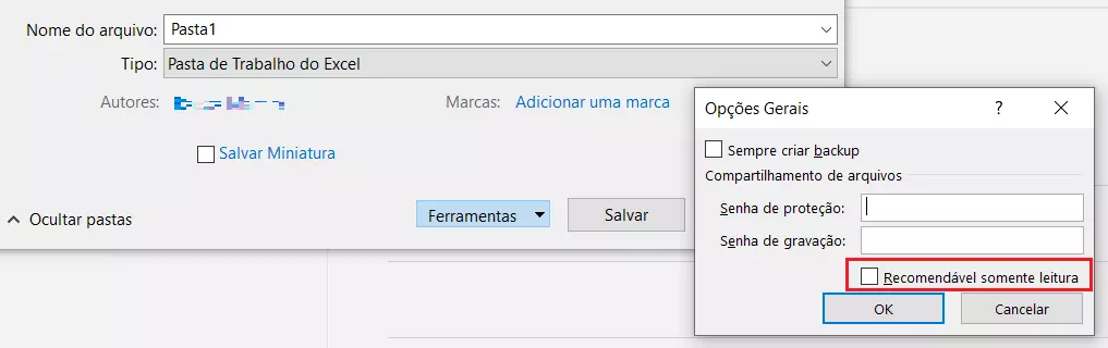 Configurar arquivo Excel para retirar recomendação de Somente Leitura