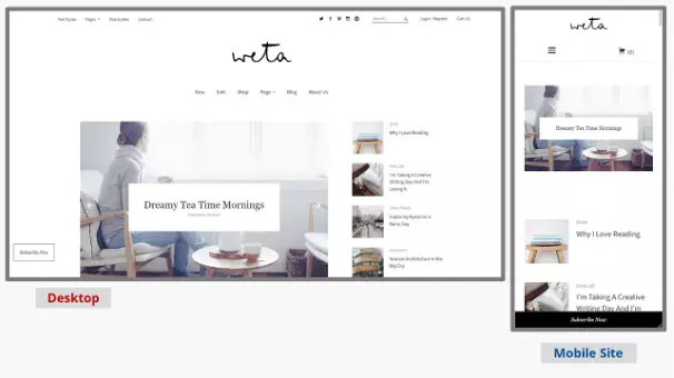 Capturas de tela do tema para blog WordPress Weta nas versões desktop e mobile