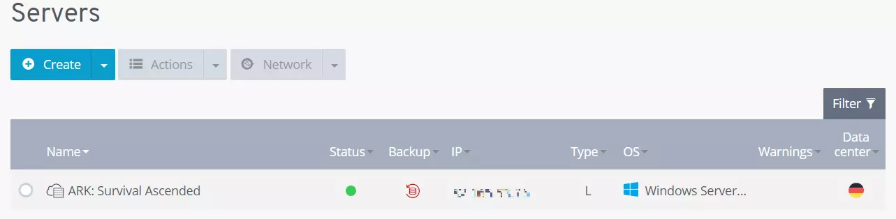 Lista de servidores na conta de usuário IONOS