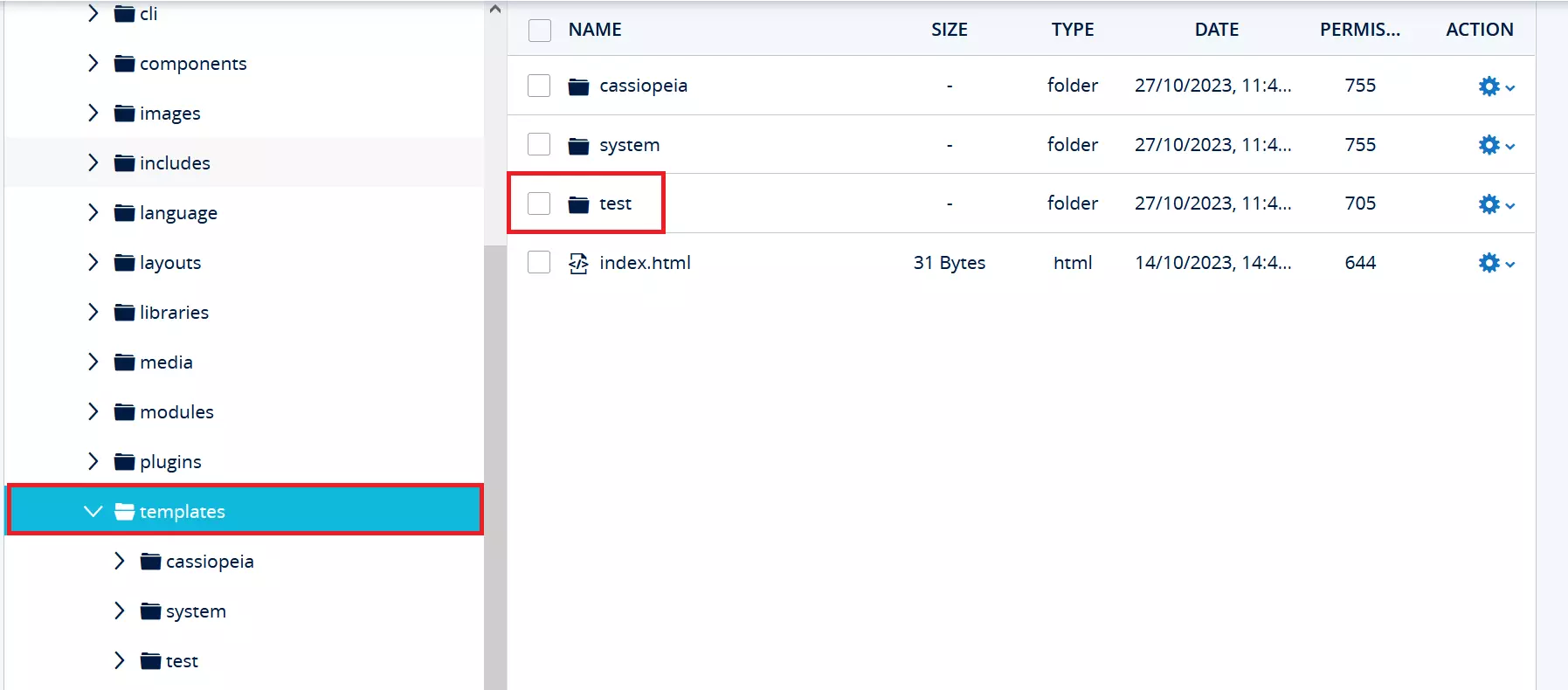 Estrutura de arquivos Joomla no painel da IONOS