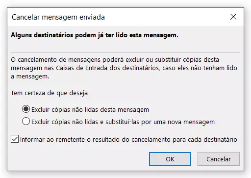 Opções de cancelamento de mensagens enviadas no Outlook