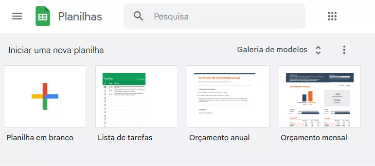 Captura de tela apresenta modelos de planilhas do Google populares