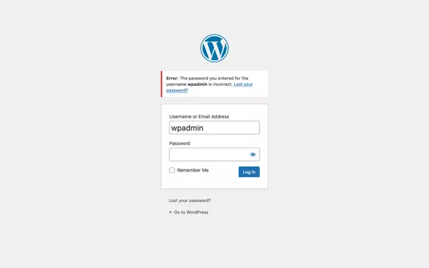 Captura de tela de senha digitada incorretamente em um WordPress admin login