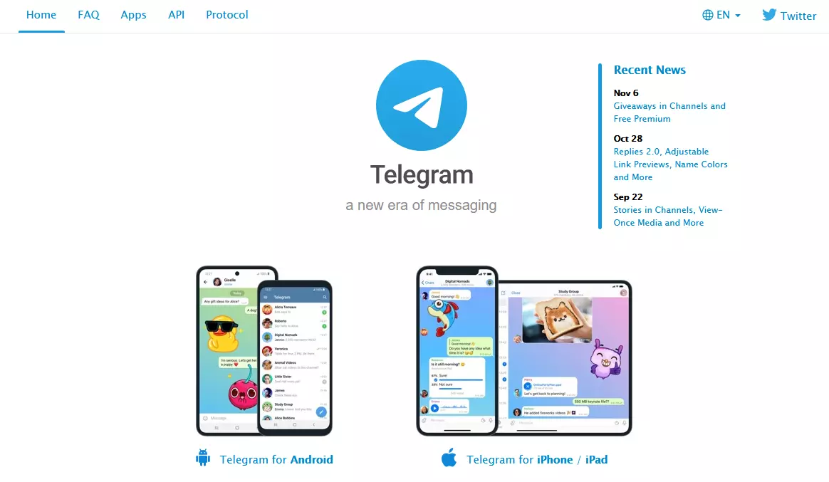 Captura de tela do site do Telegram