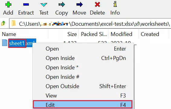 Folha de uma planilha Excel a ser editada pelo programa 7-Zip